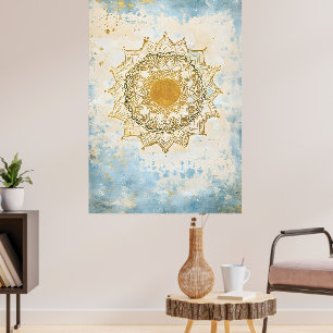 Poster mandala indiano em tons turquesa e laranja