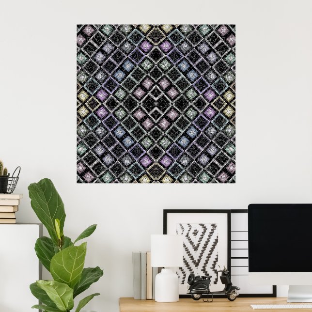 Poster Mandalá Mosaico Pastel com Treliça de Prata (Escritório em casa)