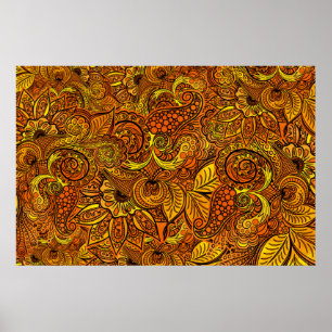 Poster Mandala nature gold tentacles, flowers and leaves.