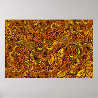 Poster Mandala nature gold tentacles, flowers and leaves.