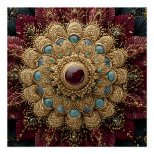 Pôster Mandala Ornata com Joias em Verde-azulado, Burgund