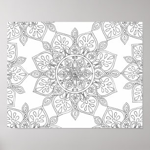 Poster Mandala para Colorir Preto Branco Floral