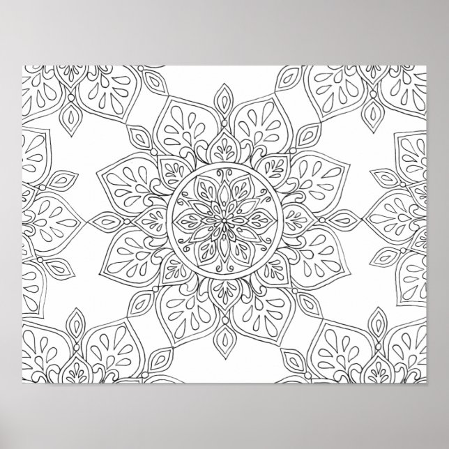 Poster Mandala para Colorir Preto Branco Floral (Frente)