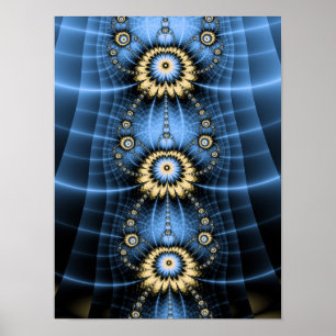 Poster Mandala Simétrica Ornamental de Fractal Azul