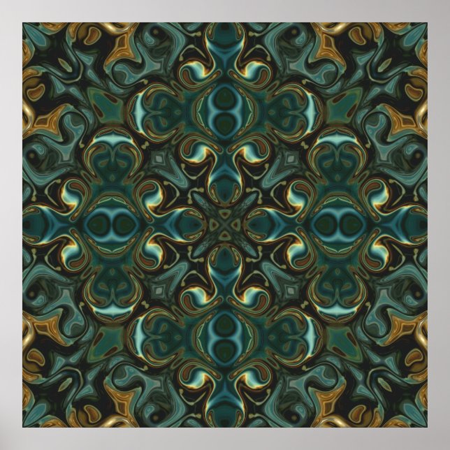 Poster Mandalá Simétrico Abstrato Esmeralda e Dourado (Frente)