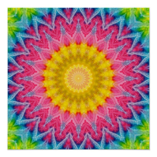 Pôster Mandalá Tie-Dye Arco-Íris com Simetria Vibrante (Frente)
