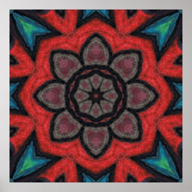 Poster Mandalala de Flor de Caleidoscópio Vermelho e Pret (Frente)