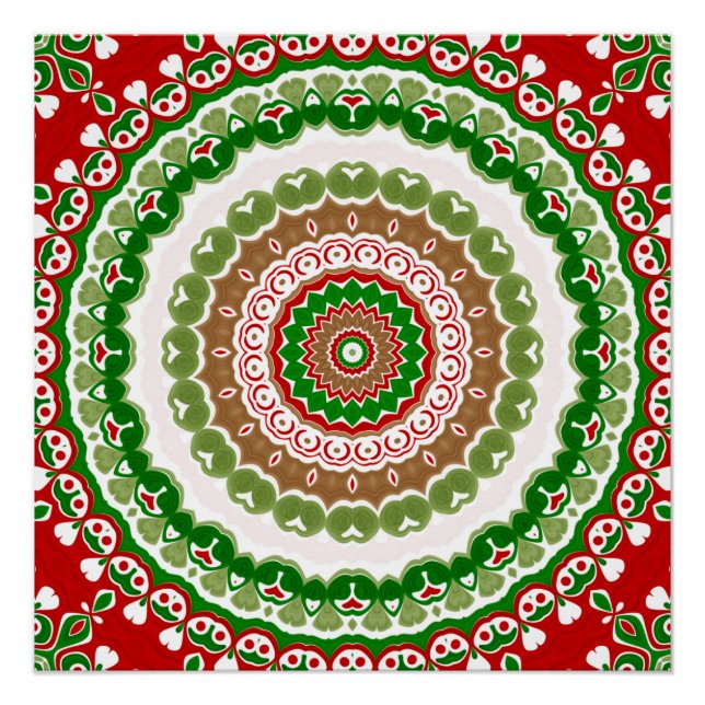 Pôster Mandalas de Natal em Vermelho, Verde e Dourado Que (Frente)