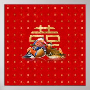 Poster Mandarin Ducks and Double Happiness on red