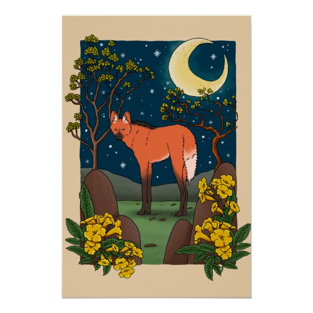 Pôster Maned Wolf and Ipe Flower Pillow - Brazilian Anima (Frente)