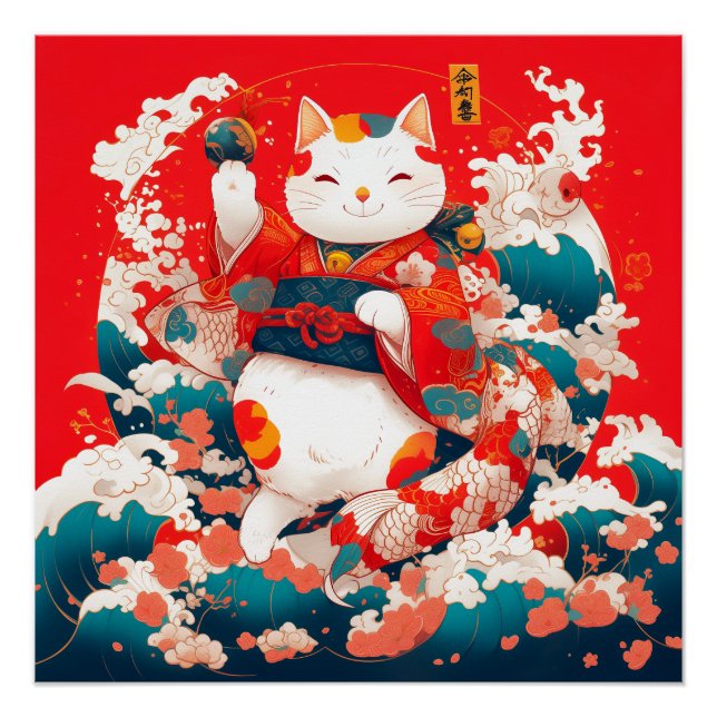 Pôster Maneki-Neko, Gato Sortudo Japonês (Frente)