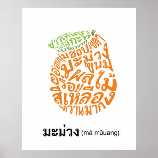Poster Mango Shape Tailandês Script Fruta Arte de Palavra