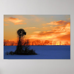 Poster Manhã amanhecer com moinho de vento no inverno