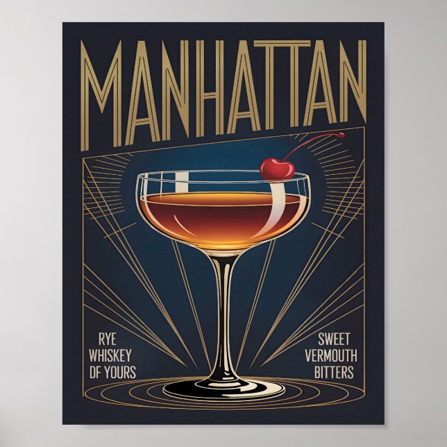 Poster Manhattan Cocktail Art Deco Navy Blue Bar (Frente)