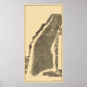 Pôster Manhattan, mapa panorâmico de NY - 1900