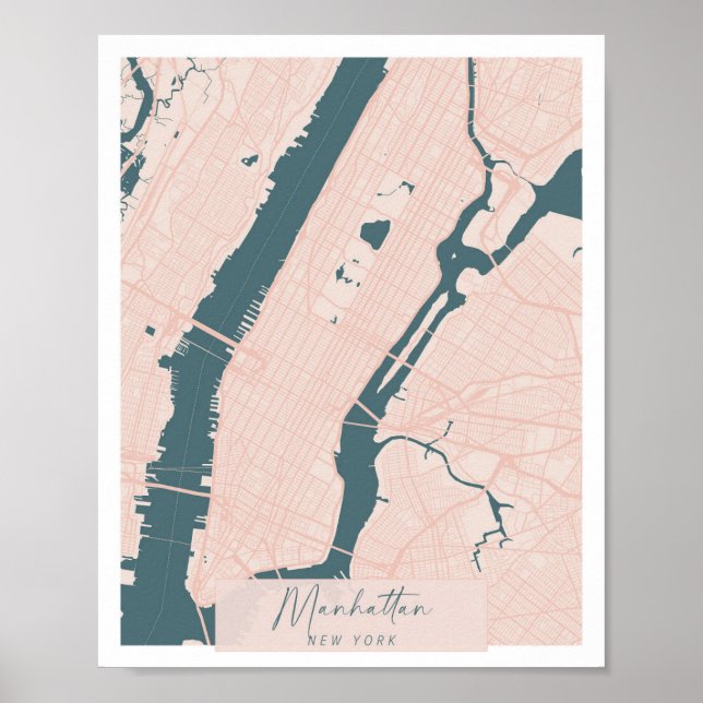 Poster Manhattan New York Pink and Blue Cute Script Stree (Frente)