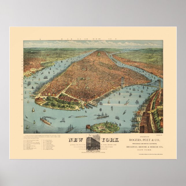 Pôster Manhattan, NY Panorâmica Map - 1879 (Frente)
