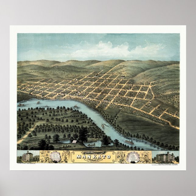 Poster Mankato, Mapa Panorâmico MN - 1870 (Frente)