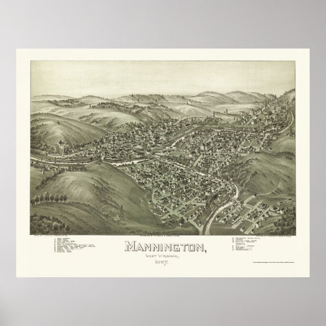 Poster Mannington, Mapa Panorâmico WV - 1897 (Frente)