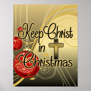 Pôster Mantenha o cristo no Natal, ouro/cristão vermelho