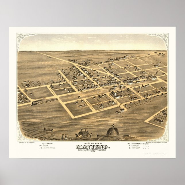 Poster Manteno, Mapa Panorâmico do IL - 1869 (Frente)