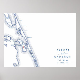 Poster Manteo NC Weding Map Marinho Blue Guest Book Poste