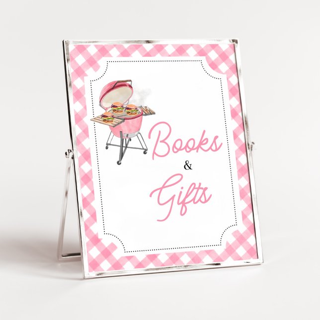 Poster Manuais e presentes de Chá de fraldas do Burger Ro (Girl Backyard BBQ Baby Shower Books and Gifts Sign)