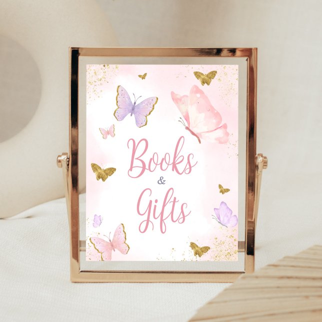 Poster Manuais e presentes de Primavera de borboleta Dour (Purple Gold Butterfly Baby Shower Books and Gifts Sign)