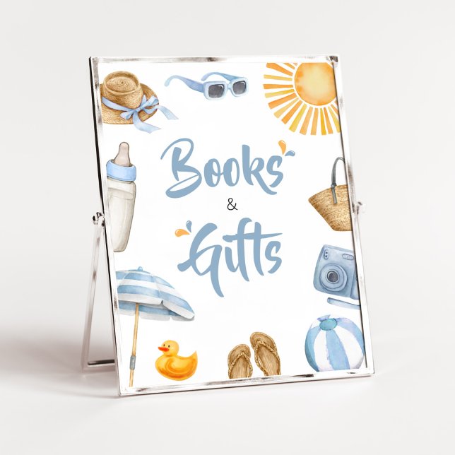 Poster Manuais e presentes do Chá de fraldas de abertura  (Boy Summer Beach Baby Shower Books and Gifts Sign )