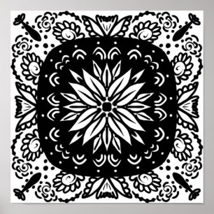 Poster Manuscrito Mandala Doodle Art Black White