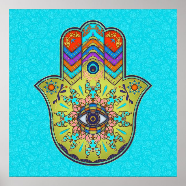 Poster Mão Colorida Hamsa com paisley (Frente)