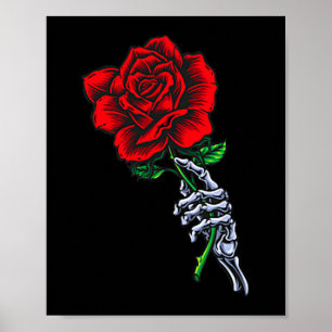 Poster Mão de Esqueleto Segurando Rosa _ Flor Vermelha Es