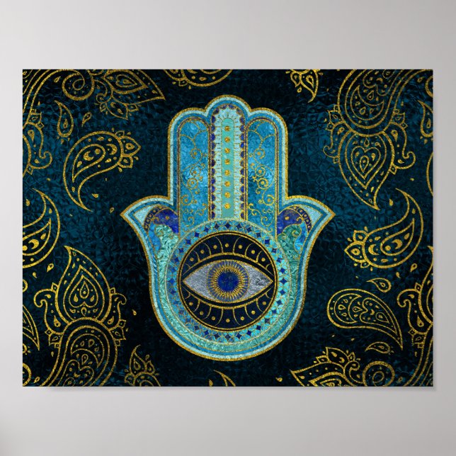 Poster Mão Decorativa de Hamsa com fundo paisley (Frente)