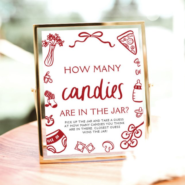 Poster Mão Vermelha Desenhada Adivinha Quantas Candies Ch (Red Hand Drawn Guess How Many Candies Baby Shower Sign)
