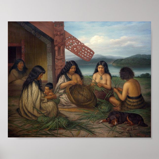 Poster Maoris Plaiting Flax Baskets, por G. Lindauer (Frente)