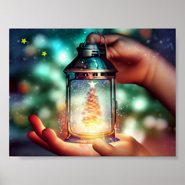 Poster Mãos de Criança Segurando Lanterna de Natal (Frente)
