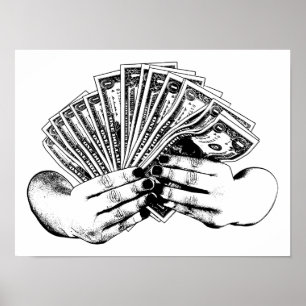Poster Mãos de mulheres segurando notas de dólar tinta ti