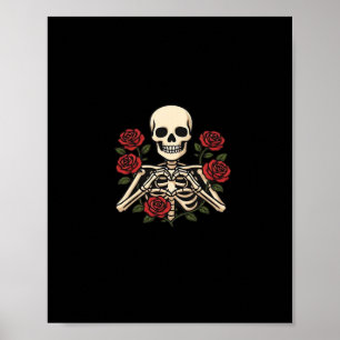 Poster Mãos do Coração do Esqueleto com Rosas vermelhas -