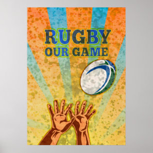 Pôster mãos do jogador do rugby que travam a bola