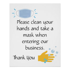 Pôster Mãos limpas e pegue uma máscara