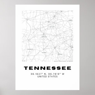 Poster Map Art do Tennessee - preto e branco