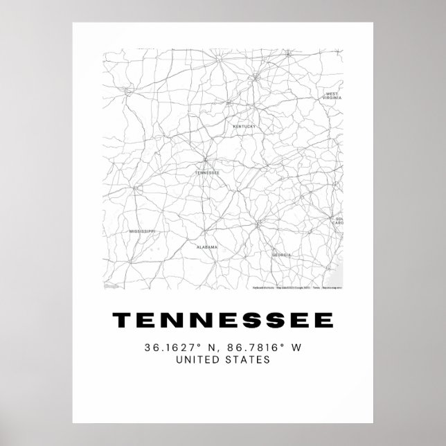 Poster Map Art do Tennessee - preto e branco (Frente)
