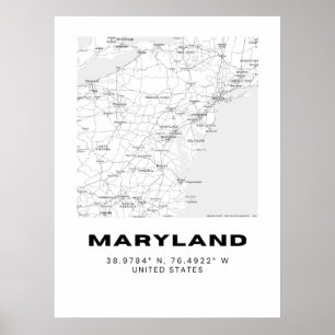 Poster Map Art Minimalista de Maryland - Preto e Branco