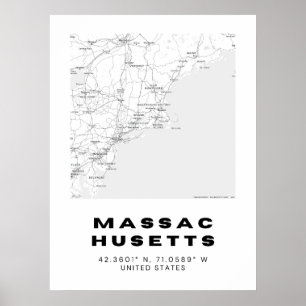 Poster Map Art Minimalista de Massachusetts - Preto e Bra