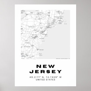 Poster Map Art Minimalista de Nova Jersey - Black and Whi