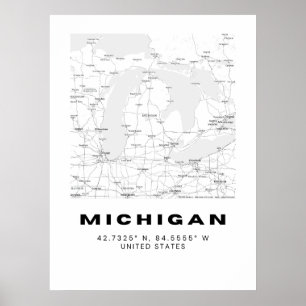 Poster Map Art minimalista do Michigan - Black and White