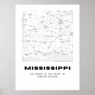 Poster Map Art Minimalista do Mississippi - Preto e Branc
