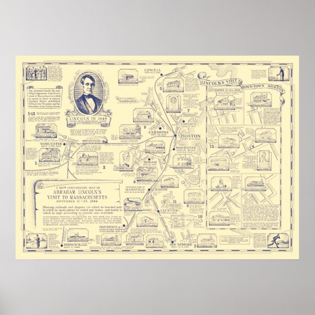Poster Map of Abraham Lincoln's Visit to Massachusetts (Frente)