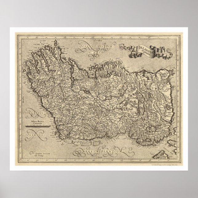 Pôster Map of Ancient Ireland by Mercator 1580 (Frente)