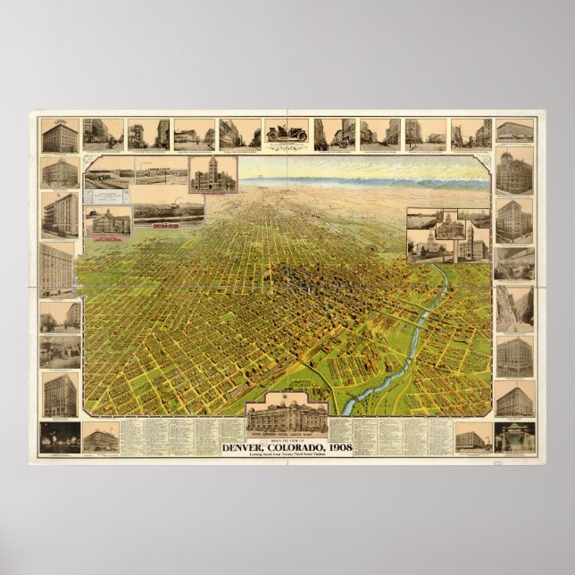 Pôster Map of Denver, Birds-Eye View, 1908 (Frente)